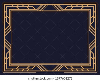 Art deco frame. Vintage linear border. Design a template for invitations, leaflets and greeting cards. Geometric golden frame. The style of the 1920s - 1930s. Vector illustration