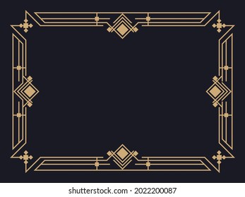 Art deco frame. Vintage linear border. Design a template for invitations, leaflets and greeting cards. Geometric golden frame. The style of the 1920s - 1930s. Vector illustration