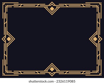 Art deco frame. Vintage linear border in gold color on a black background. Design a template for invitations, leaflets and greeting cards. The style of the 1920s - 1930s. Vector illustration