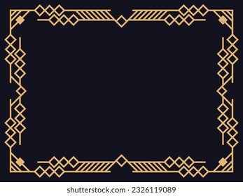 Art deco frame. Vintage linear border in gold color on a black background. Design a template for invitations, leaflets and greeting cards. The style of the 1920s - 1930s. Vector illustration