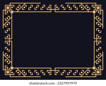 Art deco frame. Vintage linear border in gold color on a black background. Design a template for invitations, leaflets and greeting cards. The style of the 1920s - 1930s. Vector illustration