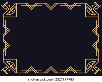 Art deco frame. Vintage linear border in gold color on a black background. Design a template for invitations, leaflets and greeting cards. The style of the 1920s - 1930s. Vector illustration