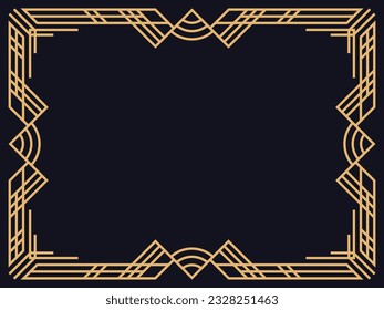 Art deco frame. Vintage linear border in gold color on a black background. Design a template for invitations, leaflets and greeting cards. The style of the 1920s - 1930s. Vector illustration