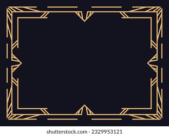 Art deco frame. Vintage linear border in gold color on a black background. Design a template for invitations, leaflets and greeting cards. The style of the 1920s - 1930s. Vector illustration