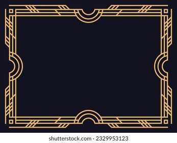 Art deco frame. Vintage linear border in gold color on a black background. Design a template for invitations, leaflets and greeting cards. The style of the 1920s - 1930s. Vector illustration