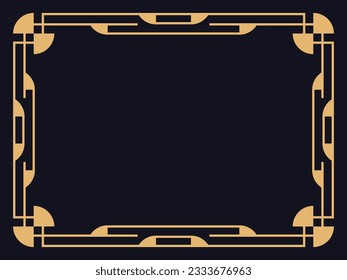Art deco frame. Vintage linear border in gold color on a black background. Design a template for invitations, leaflets and greeting cards. The style of the 1920s - 1930s. Vector illustration