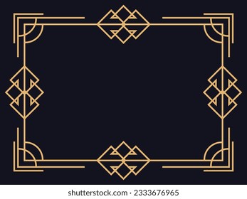 Art deco frame. Vintage linear border in gold color on a black background. Design a template for invitations, leaflets and greeting cards. The style of the 1920s - 1930s. Vector illustration