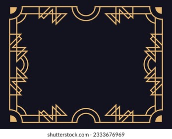 Art deco frame. Vintage linear border in gold color on a black background. Design a template for invitations, leaflets and greeting cards. The style of the 1920s - 1930s. Vector illustration