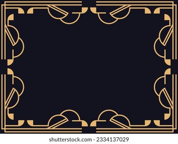 Art deco frame. Vintage linear border in gold color on a black background. Design a template for invitations, leaflets and greeting cards. The style of the 1920s - 1930s. Vector illustration