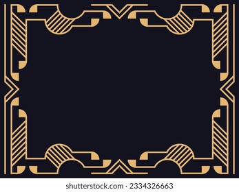Art deco frame. Vintage linear border in gold color on a black background. Design a template for invitations, leaflets and greeting cards. The style of the 1920s - 1930s. Vector illustration