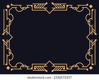 Marco Art Déco. Borde lineal vintage en color oro sobre fondo negro. Diseñar una plantilla para invitaciones, folletos y tarjetas de felicitación. El estilo de los años 20-30 Ilustración del vector