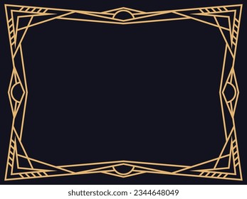 Art-Deco-Rahmen. Vintage lineare Grenze in goldener Farbe auf schwarzem Hintergrund. Entwerfen Sie eine Vorlage für Einladungen, Faltblätter und Grußkarten. Der Stil der 1920er bis 1930er Jahre. Vektorgrafik