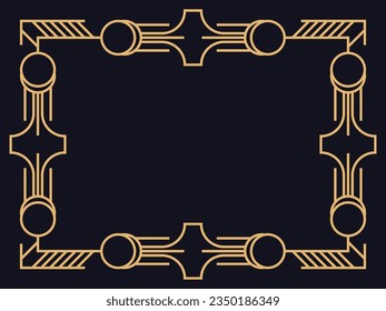 Art deco frame. Vintage linear border in gold color on a black background. Design a template for invitations, leaflets and greeting cards. The style of the 1920s - 1930s. Vector illustration