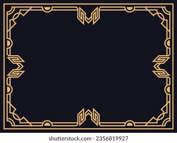 Art deco frame. Vintage linear border in gold color on a black background. Design a template for invitations, leaflets and greeting cards. The style of the 1920s - 1930s. Vector illustration