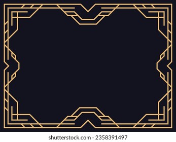 Art deco frame. Vintage linear border in gold color on a black background. Design a template for invitations, leaflets and greeting cards. The style of the 1920s - 1930s. Vector illustration