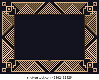 Marco Art Déco. Borde lineal vintage en color oro sobre fondo negro. Diseñar una plantilla para invitaciones, folletos y tarjetas de felicitación. El estilo de los años 20-30 Ilustración del vector