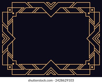 Marco Art Deco. Borde lineal antiguo. Diseña una plantilla para invitaciones, folletos y tarjetas de felicitación. Marco de oro geométrico. El estilo de las décadas de 1920 y 1930. Ilustración de vector