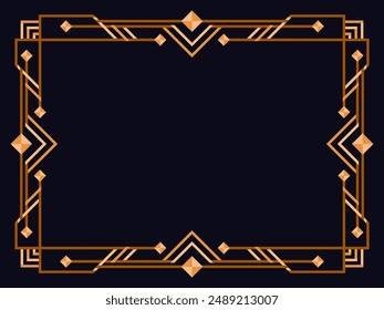 Art deco frame. Vintage linear border. Design a template for invitations, leaflets and greeting cards. Geometric golden frame. The style of the 1920s - 1930s. Vector illustration
