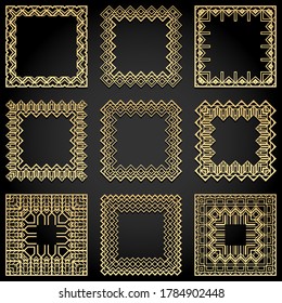Art Deco frames collection. Trendy gatsby style design elements. Retro geometric lines Isolated on black background. Vector illustration