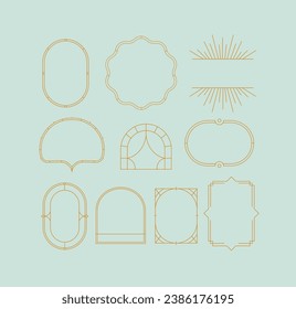 Art deco frames drawing in linear style on turquoise background.