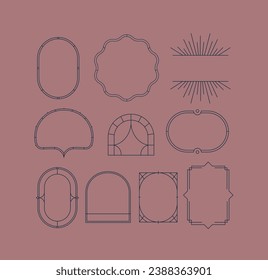 Art deco frames drawing in linear style on coral background.