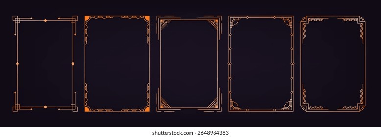 Art deco frames. Elegant line ornament borders, luxury gold decorative labels for wedding invitation card, simple thin modern geometric antique vintage frame elements. Vector gold set