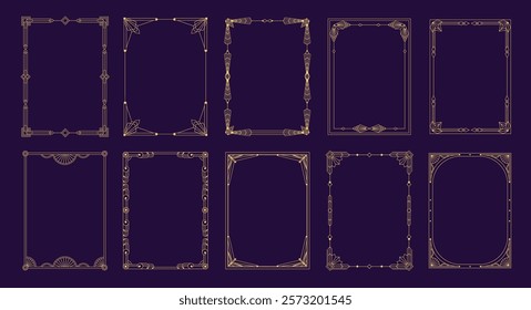 Art deco frames. Geometric modern border design elements, elegant minimalistic decorative lines for wedding invitation card and luxury cover. Vector set.