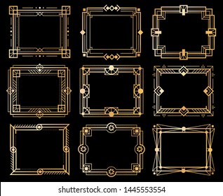 Art deco frames. Gold deco image frame borders, golden geometry line patterns. 1920s vintage luxury art elements. Vector isolated abstract llustration ornament design framed set