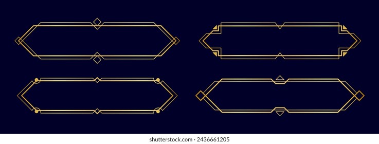 Art deco frames, golden elegant antique borders, decorative game buttons or labels isolated on dark background. Vector illustration.