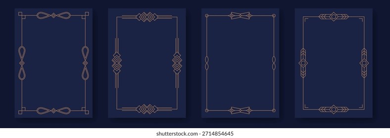 Art Deco Rahmen. Luxuriöse Grenzen minimalen Linienstil, elegante Gold geometrische Dekoration Etiketten, Gala Party leere Poster und Hochzeit Einladung Karte Design. Vektor zeitgenössisches Set.