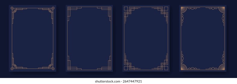 Marcos art deco. El lujo moderno bordea el estilo mínimo de la línea, las etiquetas geométricas elegantes de la decoración del oro, el cartel del partido de la gala y el diseño de la tarjeta de la invitación de la boda. Conjunto contemporáneo de Vector.