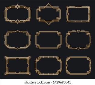 Art deco frames set, decorative border ornament. Bold outlines, geometric and zigzag forms. Vector art deco frames illustration on black background