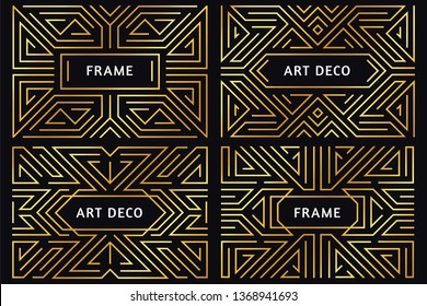 Art deco frames. Vintage golden line border, decorative gold ornament and luxury abstract geometric frame borders. Luxury great gatsby bar menu composition or wedding deco vector illustration set