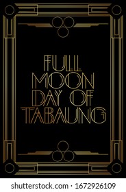 Texto del Día de la Luna Llena de Art Deco - Vacaciones en Myanmar (20 de marzo).  Tarjeta de felicitación decorativa de oro, cartel con letras antiguas.