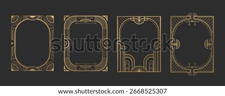 Art deco gatsby frame set - golden geometric borders with elegant line patterns, vintage ornamental rectangles of 1920s style decorative elements for luxury invitations, certificates or retro design