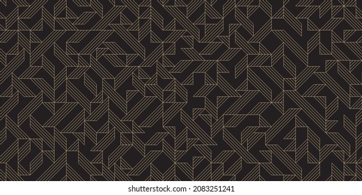 Art deco geometric background with triangles, seamless pattern. Black and gold lines, editable strokes. Vector illustration, EPS 10