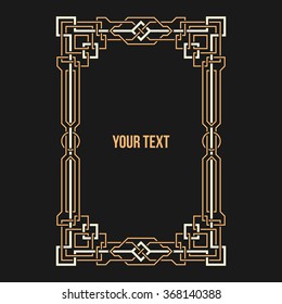 Art Deco geometric border on dark background. Vertical rectangular frame.