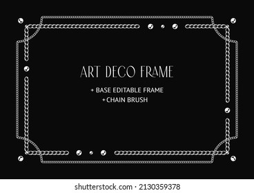 Art deco geometric frame made of chain and beads. Chain pattern brush, base editable frame included. Monochrome vintage elegant vector design with copy space.