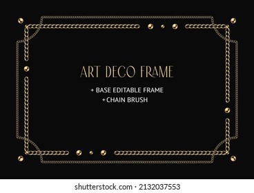 Art deco geometric frame made of golden chain and beads. Chain brush, base editable frame included. Vintage old antique elegant vector design with copy space.