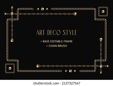 Art deco geometric frame made of golden chain and beads. Chain brush, base editable frame included. Vintage old antique elegant vector design with copy space.