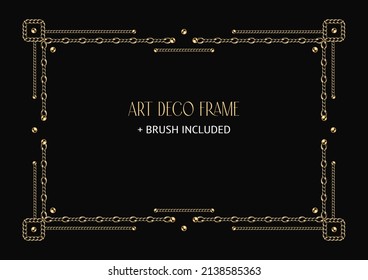 Art deco geometric frame made of golden chain and beads. Chain brush, base editable frame included. Vintage old antique elegant vector design with copy space.