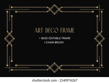 Marco geométrico Art Déco de cadena dorada y cuentas. Pincel de cadena, marco editable base incluido. Antiguo diseño vectorial elegante de época con espacio de copia.