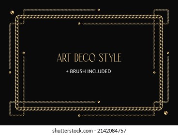 Art deco geometric frame made of golden chain and beads. Chain brush included. Vintage old antique elegant vector design with copy space.