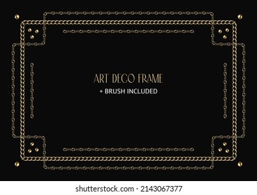 Art deco geometric frame made of golden chain and beads. Chain brush, base editable frame included. Vintage old antique elegant vector design with copy space.
