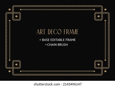 Marco geométrico Art Déco de cadena dorada y cuentas. Pincel de cadena, marco editable base incluido. Antiguo diseño vectorial elegante de época con espacio de copia.
