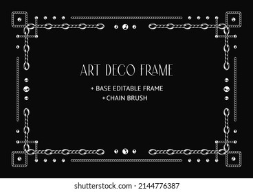 Art deco geometric frame made of chain and beads. Chain brush, base editable frame included. Vintage elegant vector design with copy space.