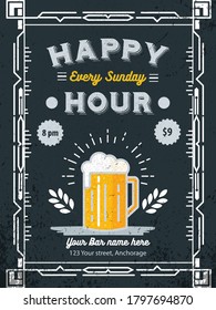 Art deco Geometric Happy Hours flyer, banner, or template design with geometric frame and beer glass on dark blue background. Alcoholic drinks concept for poster, flyer, banners.