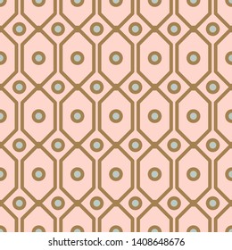 Art deco geometric pattern with net circle shapes in gold and blush colors. Seamless vector texture print.