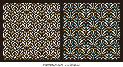 Padrão de repetição geométrica Art Deco com branco dourado e azul-petróleo sobre fundo preto