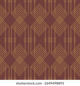Art Deco, geometric, repeating pattern, interlocking, spirals, squares, lines, abstract, symmetrical, ornate, luxurious, elegant, vintage, retro, classic, intricate, decorative, metallic, gold, maroon